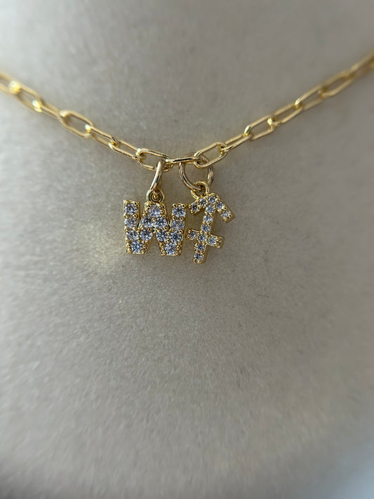 Paper clip necklace with initial and zodiac sign