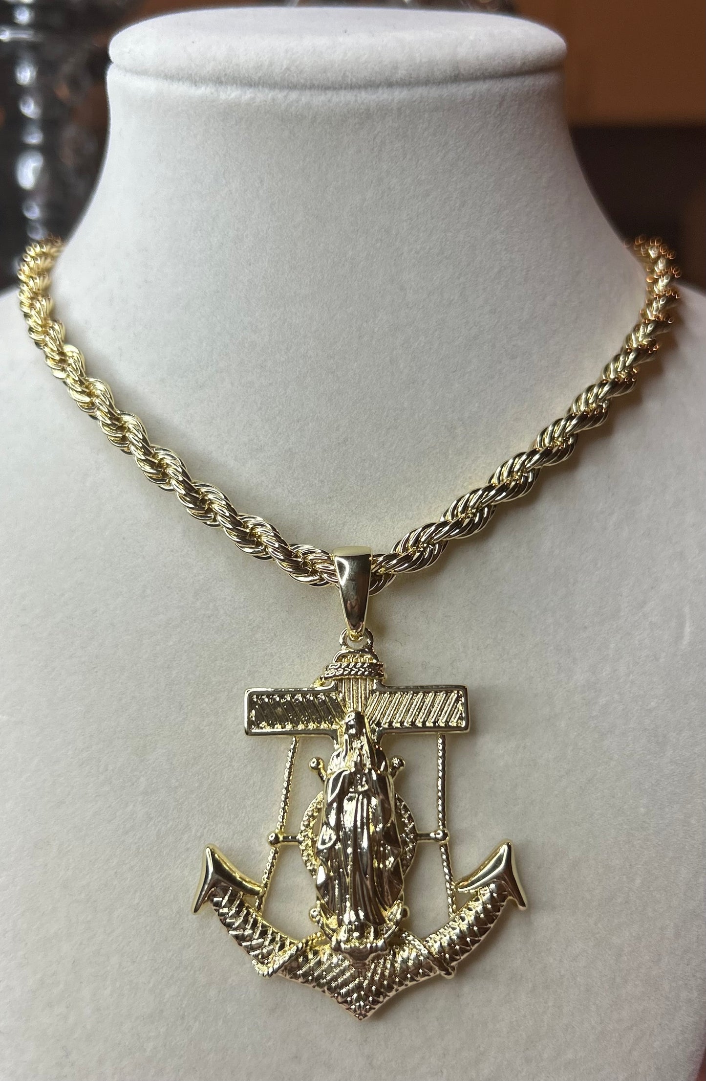 Rope chain with Anchor pendant with lady of Guadalupe.