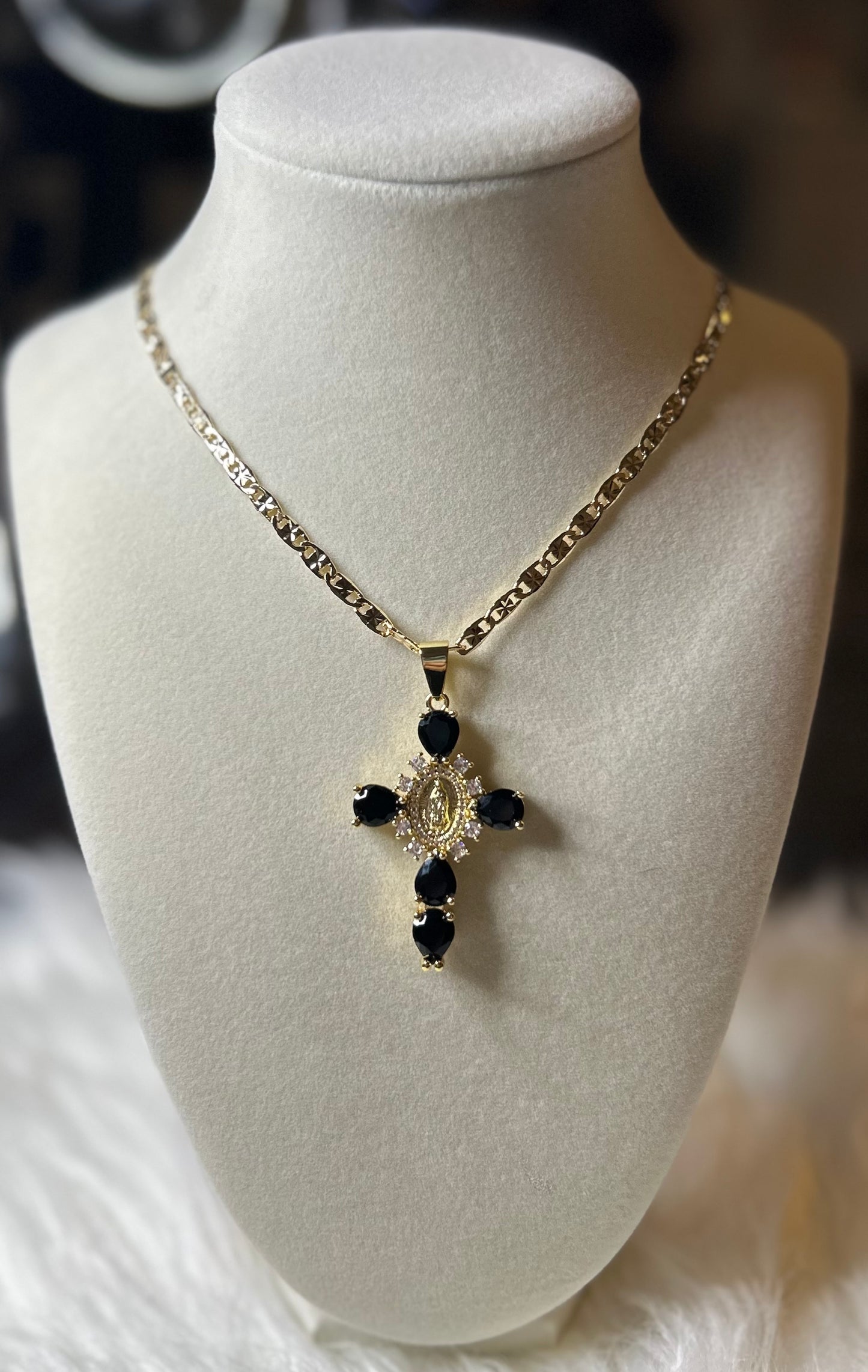 Black stone cross with necklace